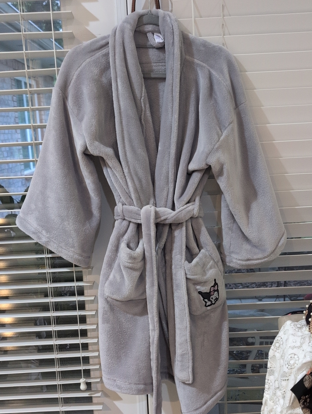 Gray Plush Robe with Kuromi On Pocket By Stars Above
